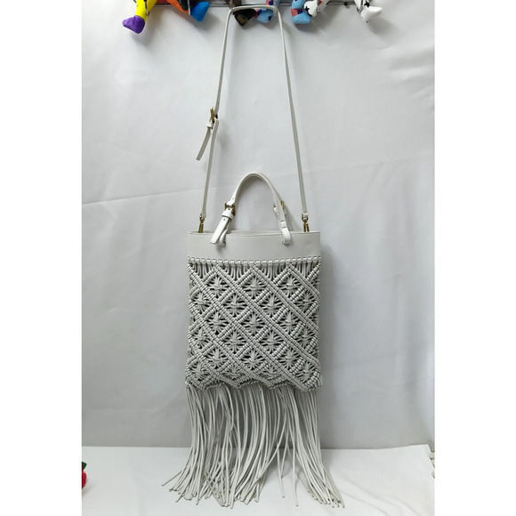 Tory Burch White Leather Woven Braided Macramé Fringe Limited Ed Crossbody Bag - Picture 2 of 16